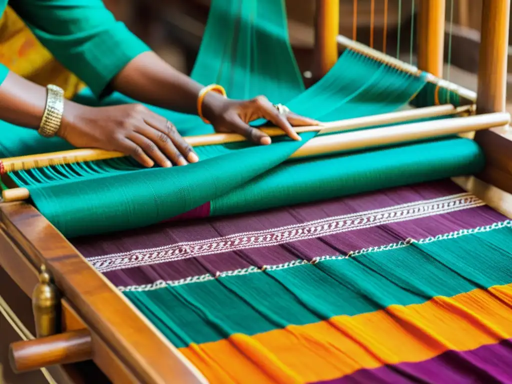 Diseños artísticos textiles Andhra: Detalle de tejido tradicional con patrones coloridos y tejido a mano en telar de madera