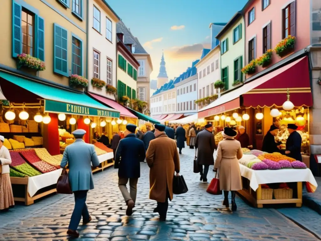 Mercado vibrante de una ciudad europea con diseño cultural Diseños culturales comercio global: Animado mercado europeo con comerciantes y coloridos tejidos