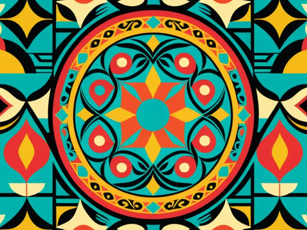 Patrón cultural en comercio global: integración vibrante Diseños culturales comercio global: Integración de patrón tradicional en contexto comercial global, con detalles intrincados y colores vibrantes
