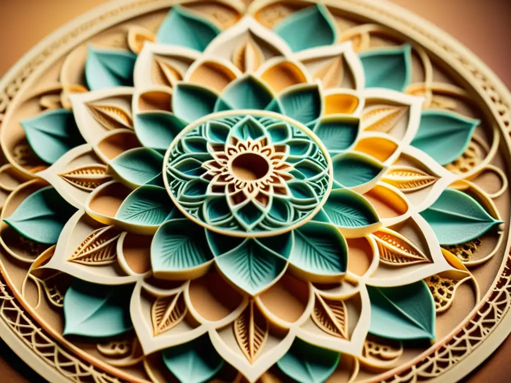 Diseños de mandalas en impresión 3D: Detalle de un mandala vintage impreso en 3D, con intrincados patrones y una cálida paleta de colores desgastados