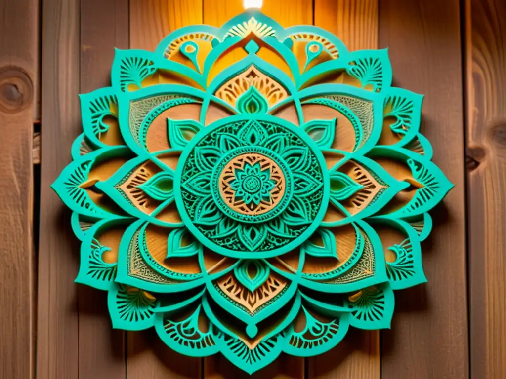 Diseños de mandalas en impresión 3D: Detalle vintage de un mandala en impresión 3D, sobre madera, con iluminación suave y patrones intrincados