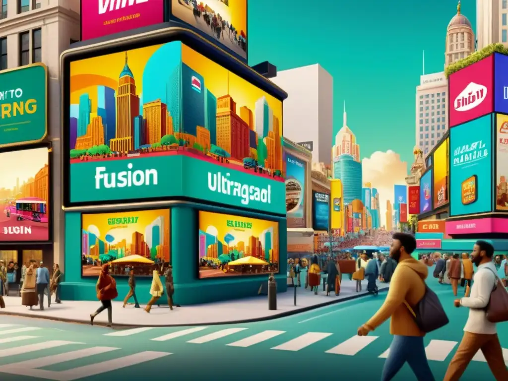 Diseños dinámicos en publicidad multicultural: Ilustración detallada 8k de una bulliciosa esquina urbana con vibrantes anuncios digitales