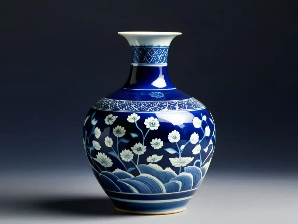 Diseños emblemáticos de la dinastía Ming en una delicada vasija de porcelana azul y oro, con motivos de flores de loto y follaje pintados a mano