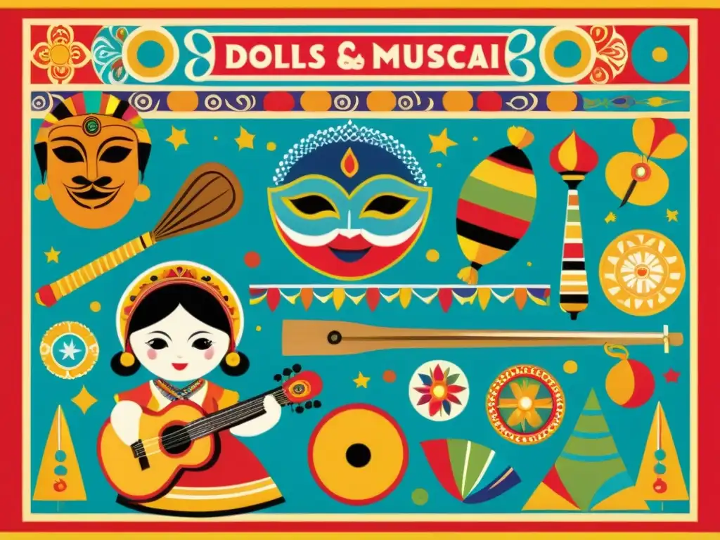Vintage Poster: Juguetes Étnicos y Diversidad Cultural Diseños étnicos en juguetes vintage, evocando la riqueza cultural con muñecas, máscaras e instrumentos musicales en composición dinámica y vibrante