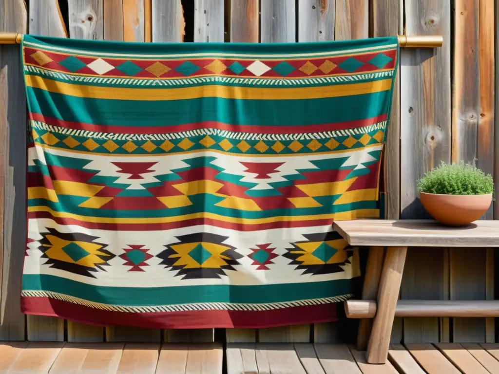 Diseños indígenas en patrones artísticos: Textil vibrante y detallado sobre madera envejecida, con ricos colores y patrones geométricos