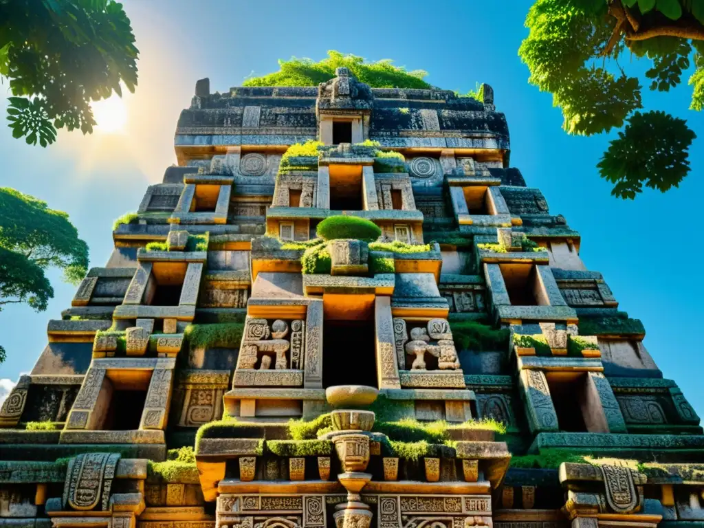 Diseños inspirados en antiguas civilizaciones: Templo maya de piedra tallada, rodeado de exuberante vegetación