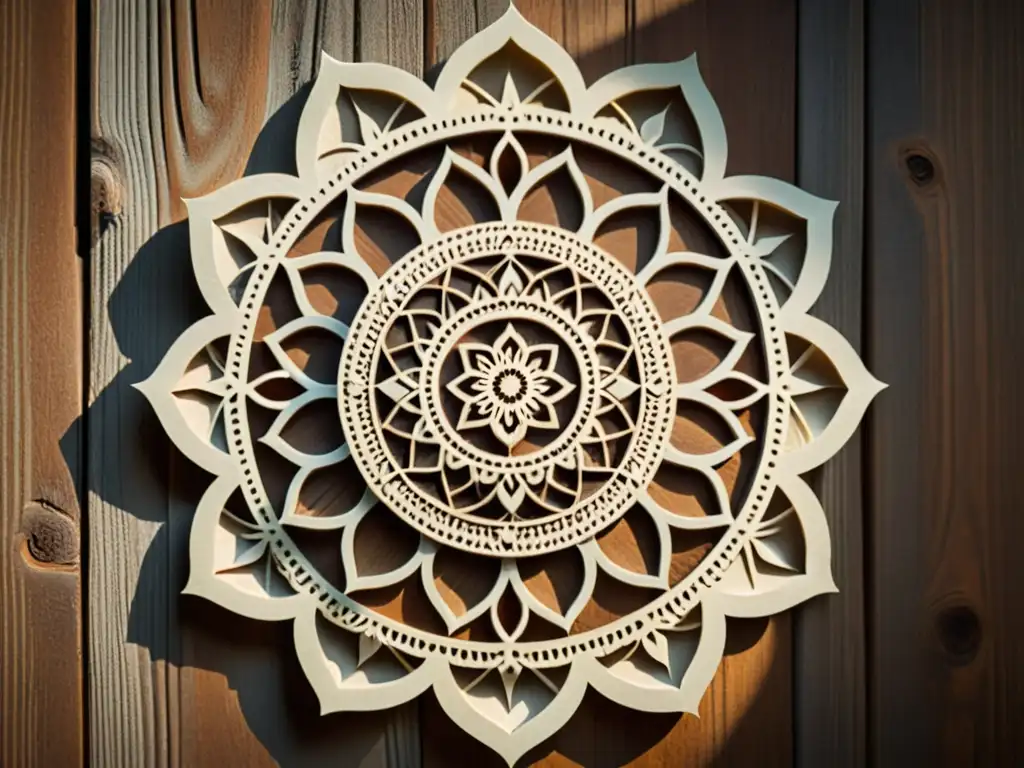 Diseños de mandalas en impresión 3D: Mandala vintage en madera iluminado por luz natural