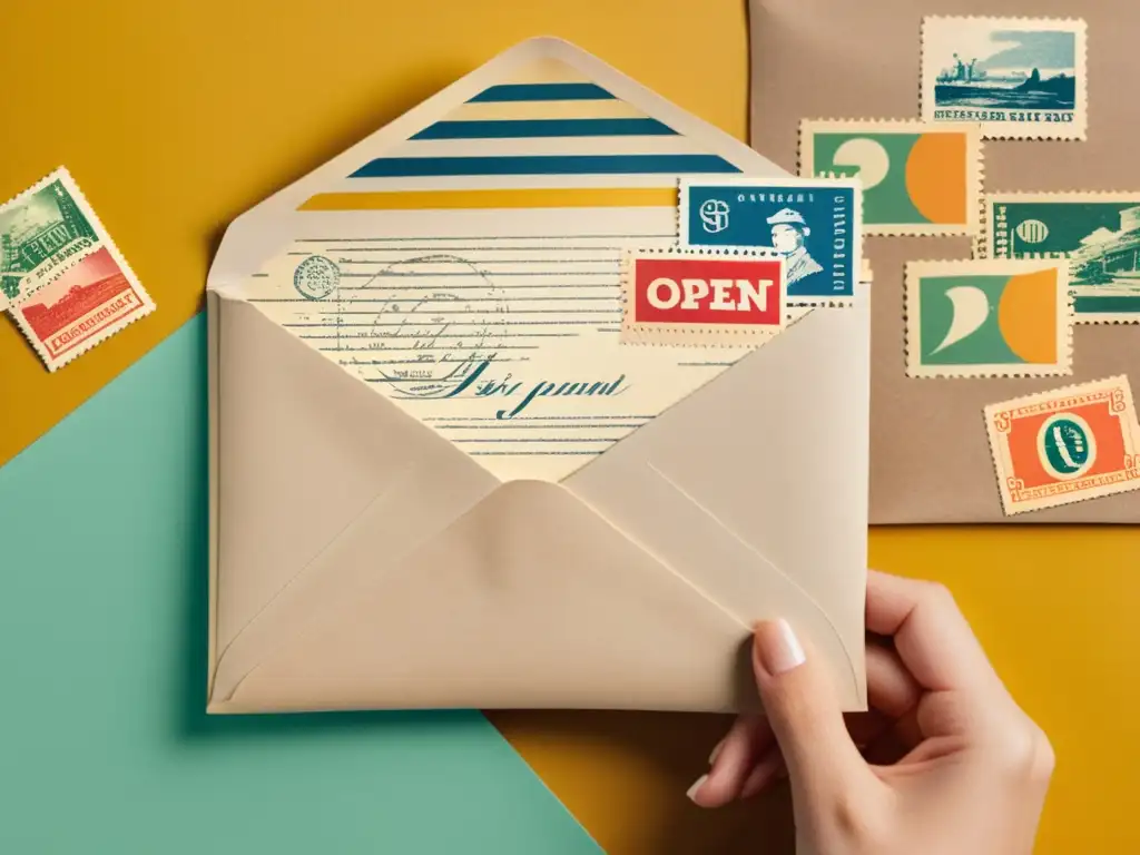 Diseños de patrones para email marketing: Una mano sostiene un sobre lleno de cartas coloridas y rodeado de sellos retro, sobre un fondo de papel envejecido con caligrafía antigua