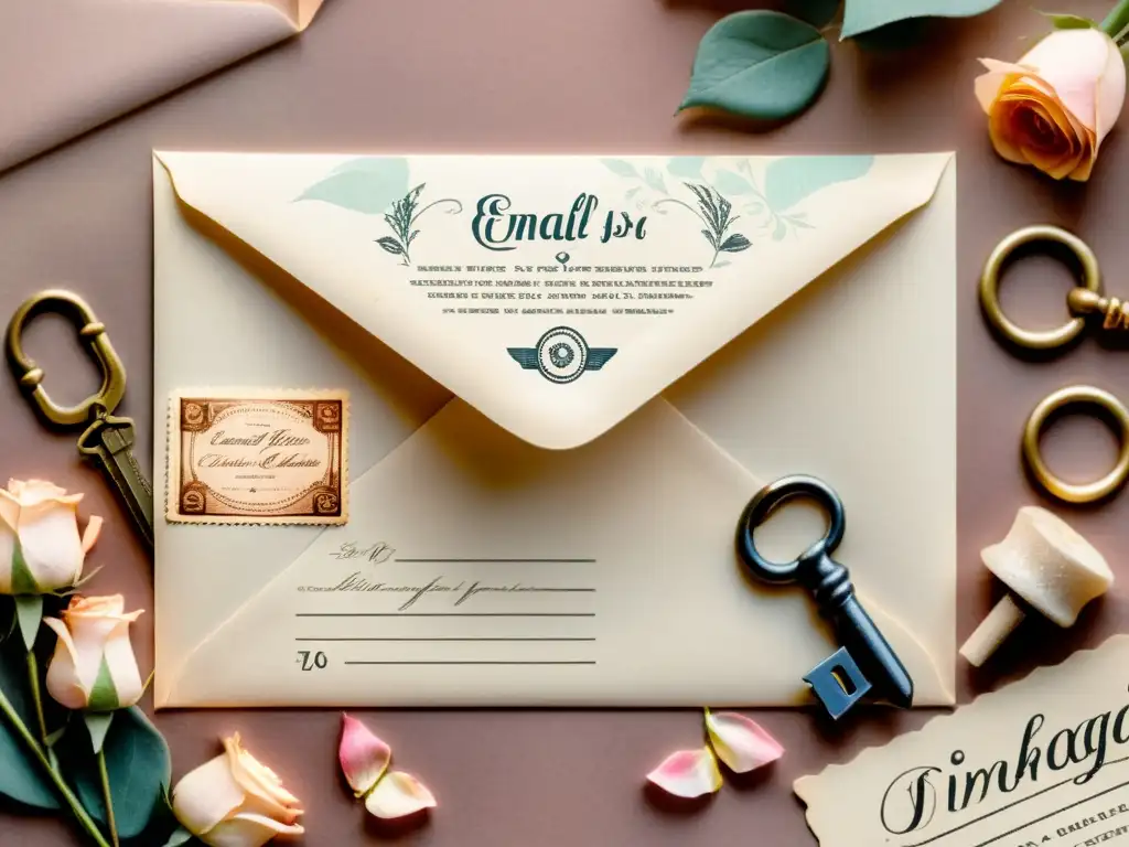 Diseños de patrones para email marketing con estética vintage y encanto nostálgico: sobre clásico con sello de cera, rosas y llaves antiguas