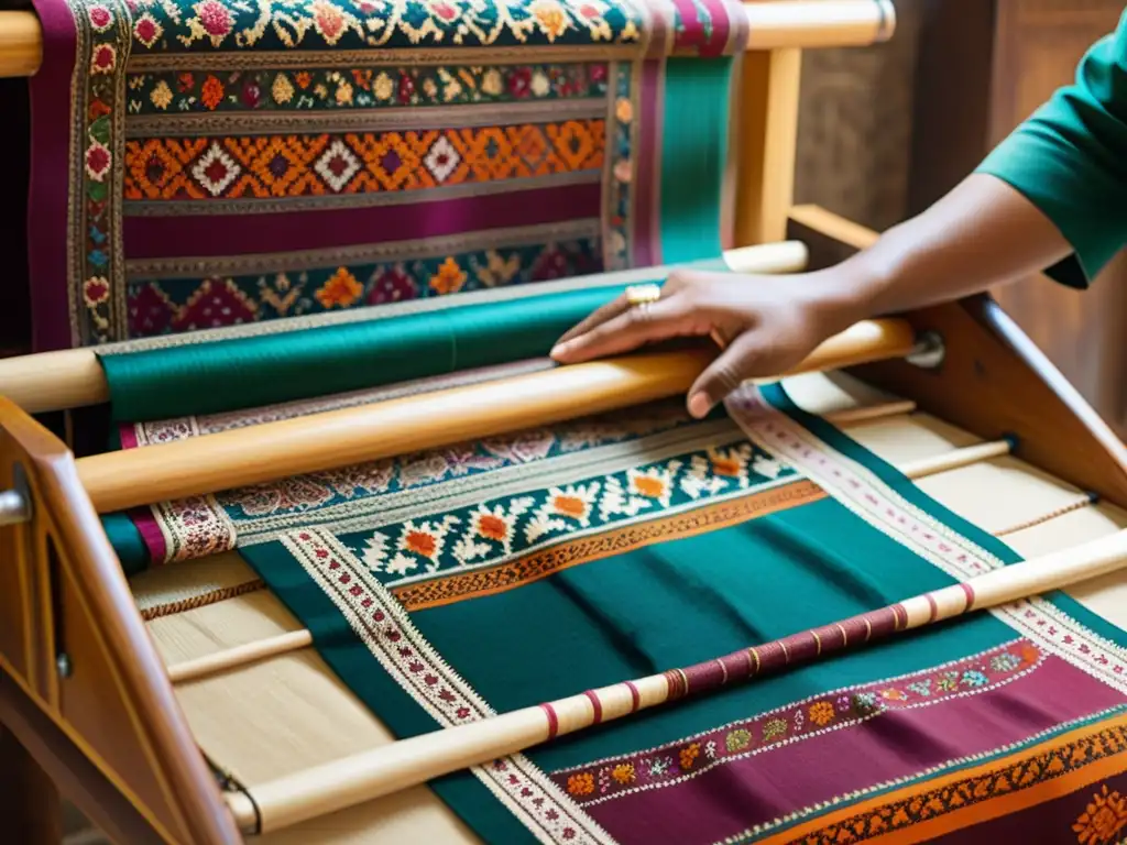 Diseños persas en textiles Himroo: Fotografía vintage de tejido Himroo con intrincados diseños persas en colores vibrantes sobre un telar de madera tradicional, evocando artesanía y herencia cultural