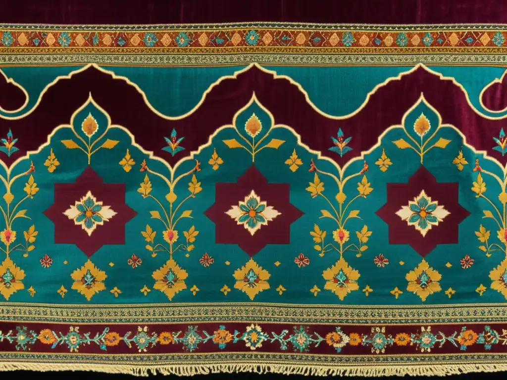 Diseños persas en textiles Himroo: Elegante tela de seda con intrincados patrones dorados, rojos y turquesa sobre terciopelo granate