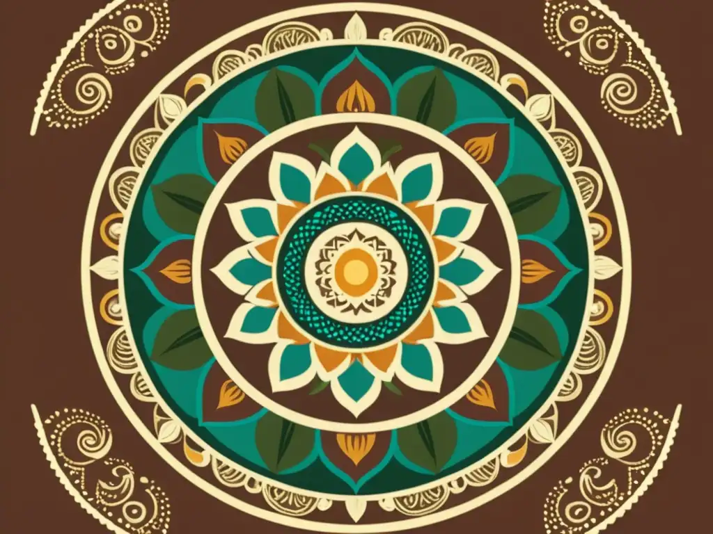 Diseños repetitivos en rituales: Un mandala vintage dibujado a mano con patrones intrincados en tonos terrosos, detalles florales y geométricos, evocando tradición espiritual