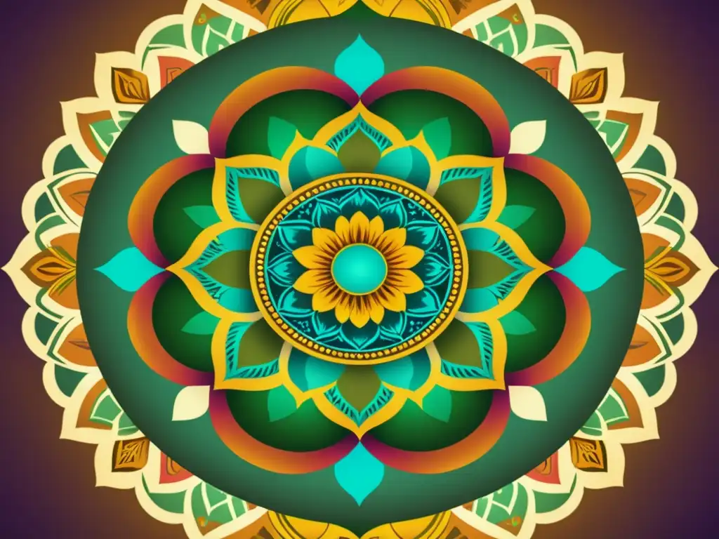 Diseños sagrados para campañas online: mandala vintage con detalles intrincados y colores vibrantes, integrados con elementos de marketing digital