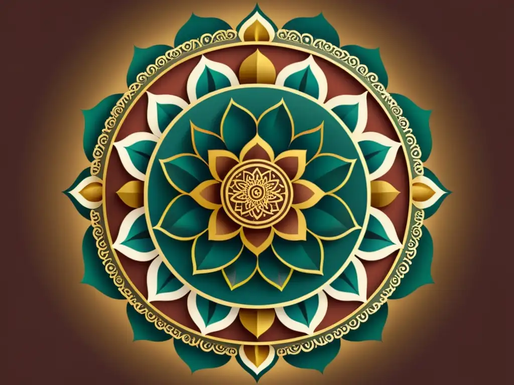 Diseños sagrados para campañas online: ilustración vintage de un mandala con patrones geométricos intricados en tonos terrosos y acentos dorados, rodeado de elementos simbólicos como flores de loto y motivos celestiales