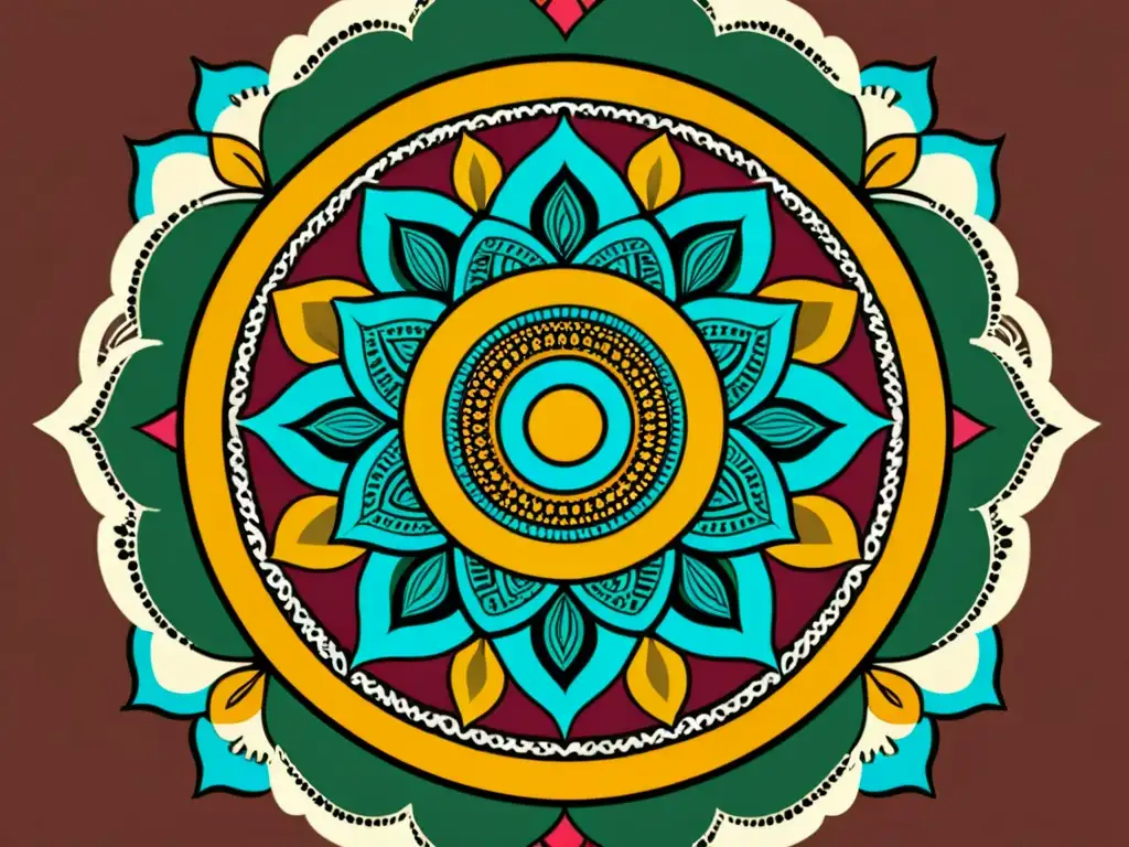 Diseños sagrados para campañas online: Una mandala meticulosamente dibujada a mano con patrones geométricos intrincados y colores vibrantes, rodeada de delicados elementos florales, exudando elegancia atemporal y significado espiritual