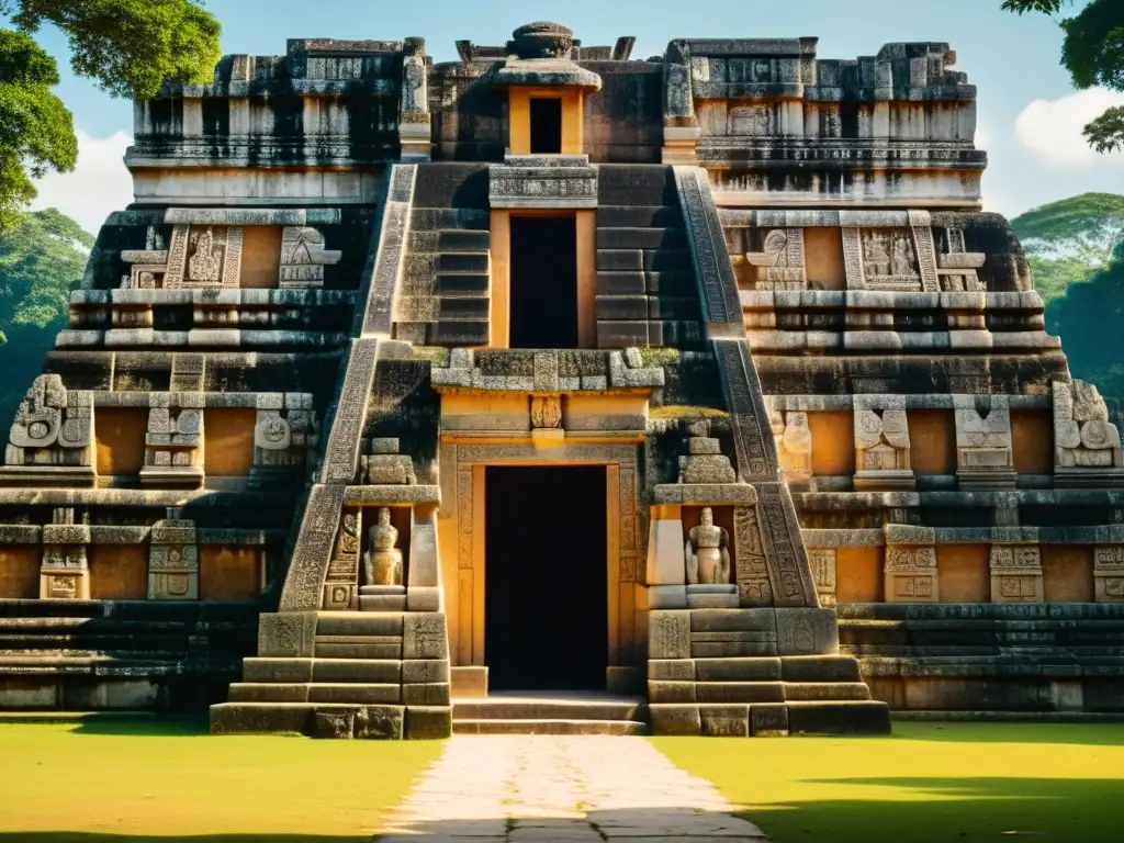 Diseños simétricos en templos mayas: fotografía vintage de un templo maya, resaltando detalles y la espiritualidad de los patrones simétricos