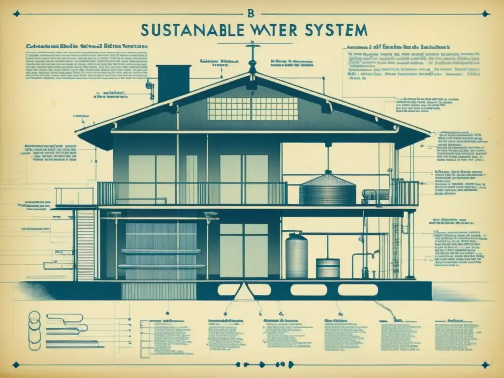 Diseños sostenibles con sistemas de recolección de agua: Detallado plano arquitectónico vintage con intrincados sistemas de tuberías, filtración y áreas de captación en un diseño de edificio, realzado con anotaciones manuscritas