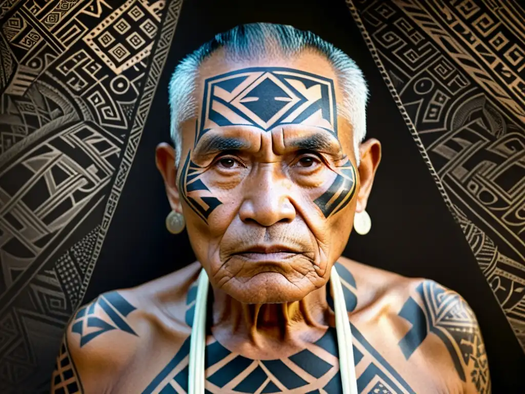 Diseños de tatuajes polinesios tradicionales: Fotografía en blanco y negro de un anciano polinesio con tatuajes faciales y corporales, mostrando la herencia cultural y la artesanía de los diseños tradicionales de tatuajes polinesios