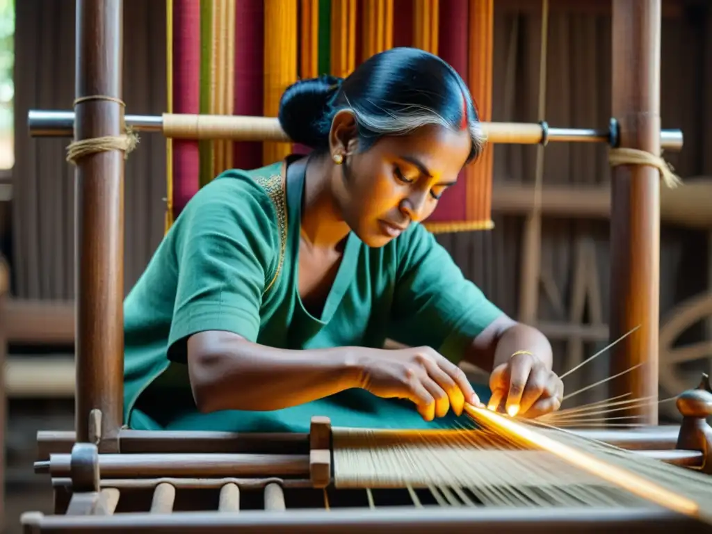 Diseños tejidos tradicionales de la India: Un tejedor indio crea con destreza un diseño textil en un telar de madera, inmerso en la atmósfera rústica de su taller