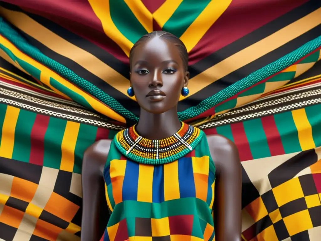 Diseños tribales africanos más emblemáticos: Una vibrante tela Kente con patrones geométricos y colores tierra, exudando herencia cultural y artesanía