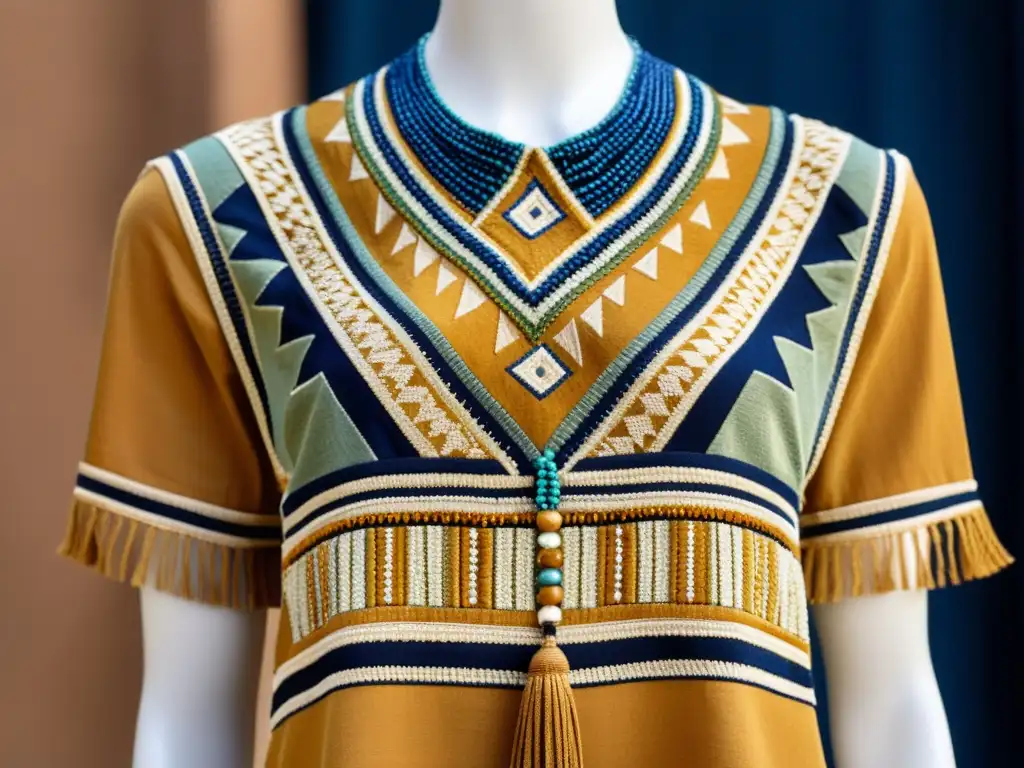 Diseños tribales en moda: Textil tribal vintage con detalles bordados y flecos, en tonos tierra y añil, exhibe artesanía y elegancia en maniquí