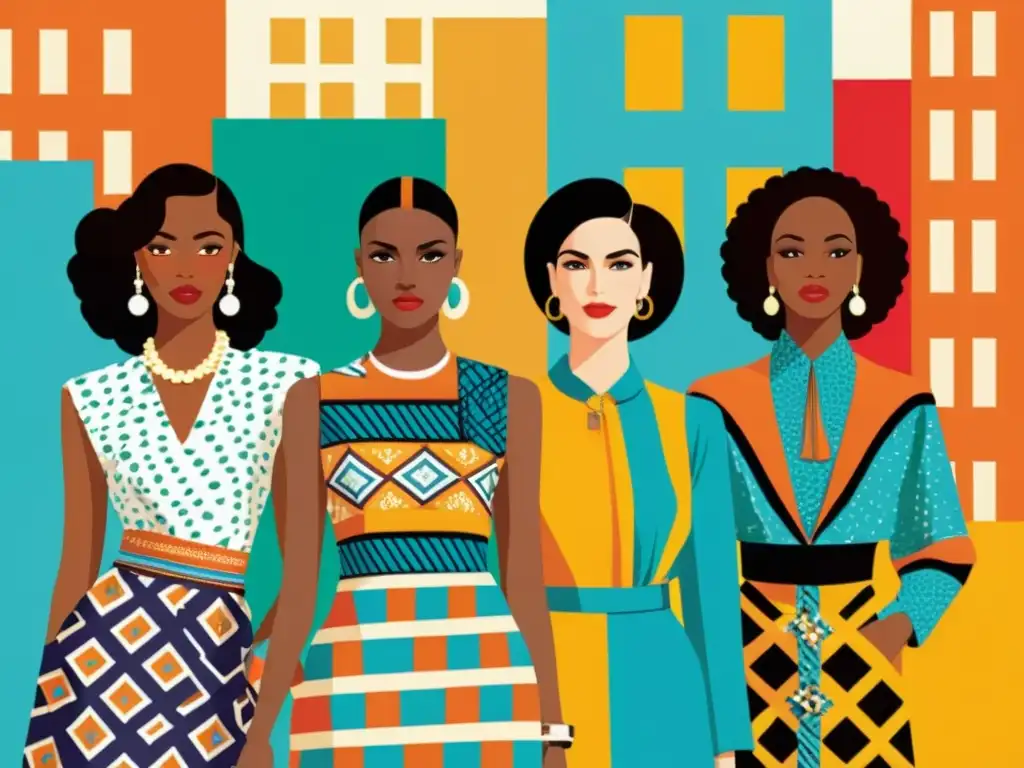 Diversidad cultural y moda contemporánea se fusionan en una ilustración vintage con patrones culturales