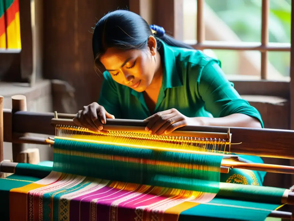 Doble Ikat en Gujarat: Artesano teje Patola seda con patrones vibrantes en telar de madera, iluminado por luz natural