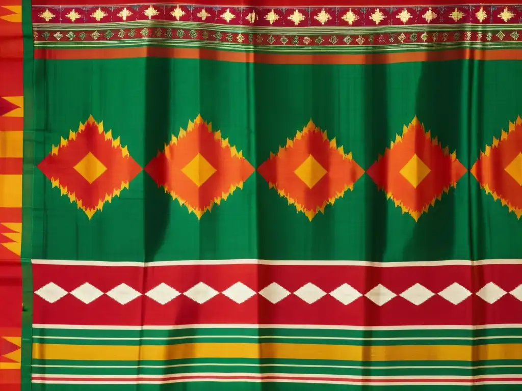 Doble Ikat en Gujarat: Detalle de un sarí de seda Patola vintage, exhibiendo intrincado tejido en vibrantes colores como rojo, verde y dorado, resaltando la artesanía meticulosa y rica herencia cultural