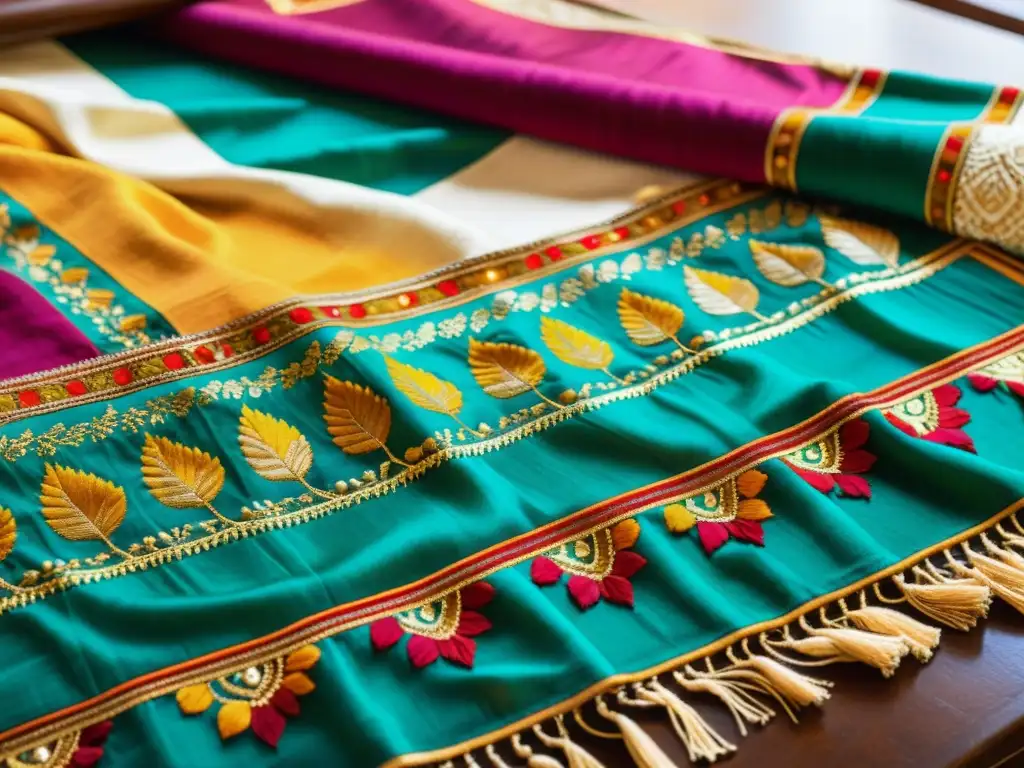 Un dupatta vintage bordado a mano con patrones artísticos de los Dupattas de la India, colores vibrantes y un telar de madera tradicional