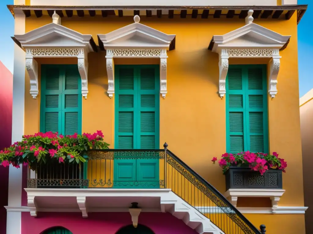 Edificio colonial con patrones decorativos arquitectura colonial, bañado en luz dorada con bougainvillea vibrante y balcón de hierro forjado