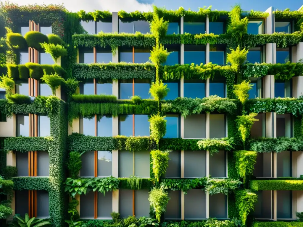 Un edificio moderno cubierto por exuberantes jardines verticales, creando un contraste visual impactante