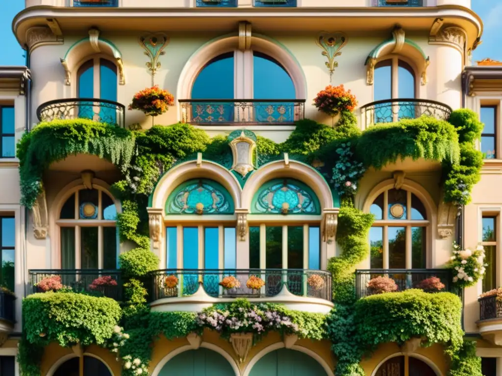 Edificio Art Nouveau con patrones artísticos en tonos pastel y enredaderas, creando una atmósfera romántica y nostálgica