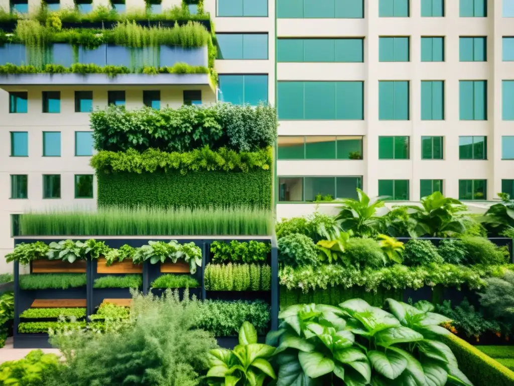 Un edificio urbano sostenible con jardines en la azotea y muros verdes, integrando la agricultura urbana