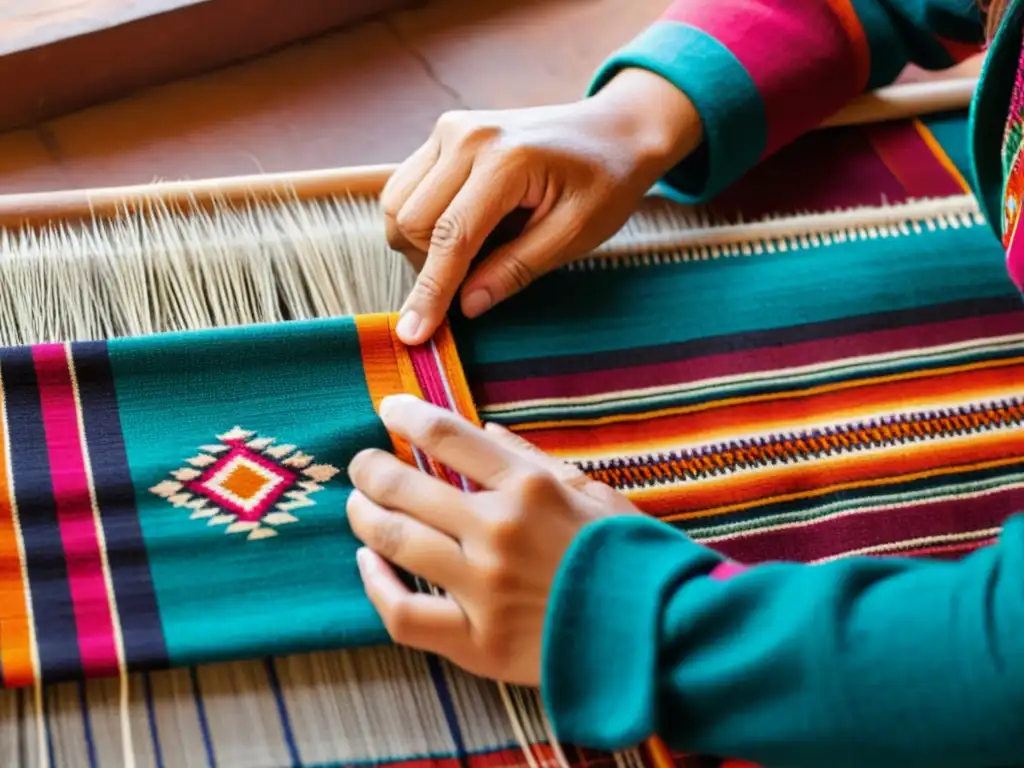 Elaboración artesanal de un textil andino con patrones tradicionales y colores vibrantes en un entorno rústico