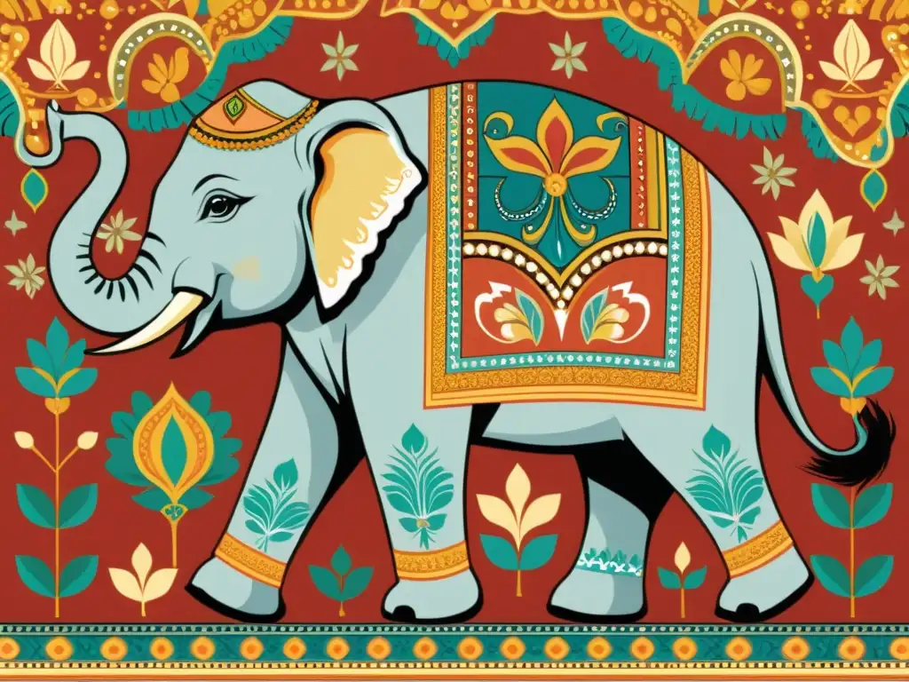 Un elefante majestuoso adornado con textiles tradicionales de la India, simbolizando fuerza, sabiduría y significado cultural