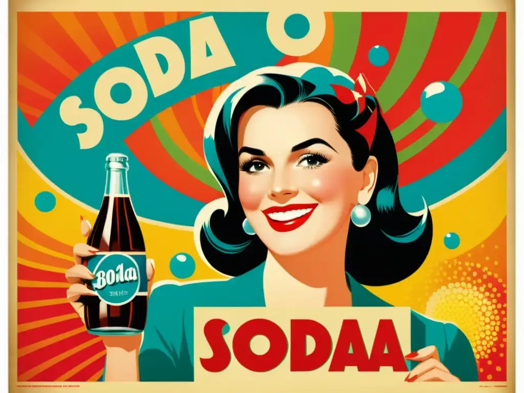 Elegante anuncio vintage de una mujer con soda, rodeada de burbujas y patrones coloridos, evocando la efectividad de patrones en publicidad