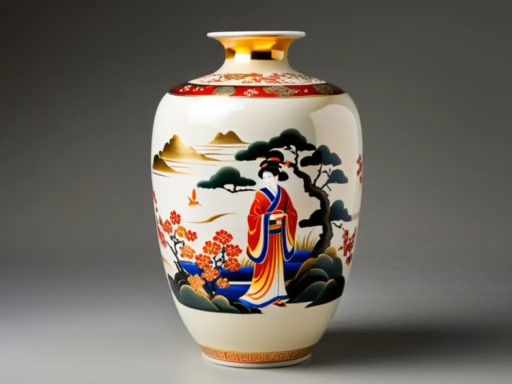 Elegante artesanía japonesa Satsuma Ware con motivos florales dorados y rojos sobre un fondo blanco crema, reflejando la luz con destellos de lujo