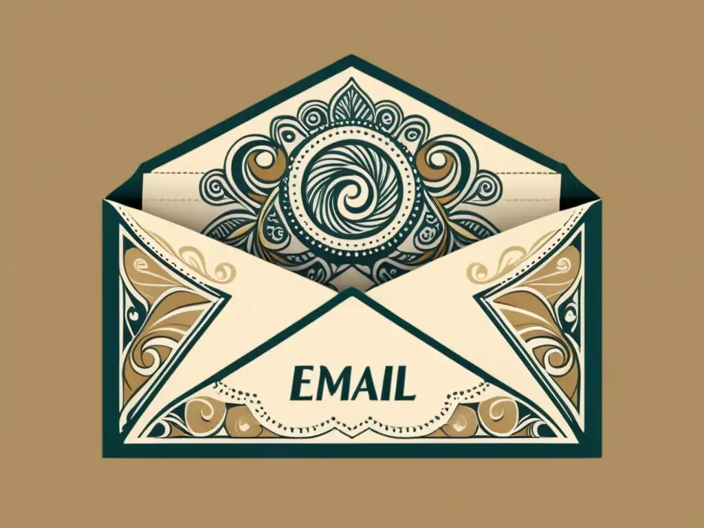 Un elegante diseño de patrones para email marketing con un sobre dibujado a mano rodeado de elementos decorativos detallados, evocando sofisticación y encanto atemporal