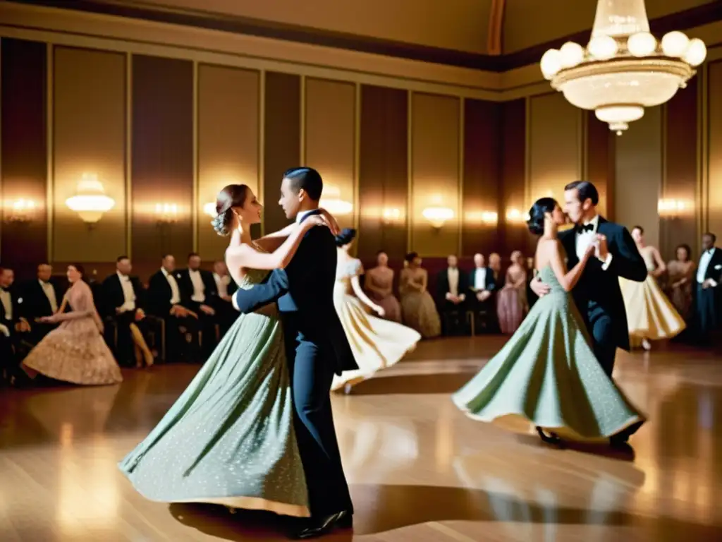 Una elegante escena de baile en un salón de alta sociedad, con patrones artísticos en telas de alta gama y una atmósfera romántica y nostálgica