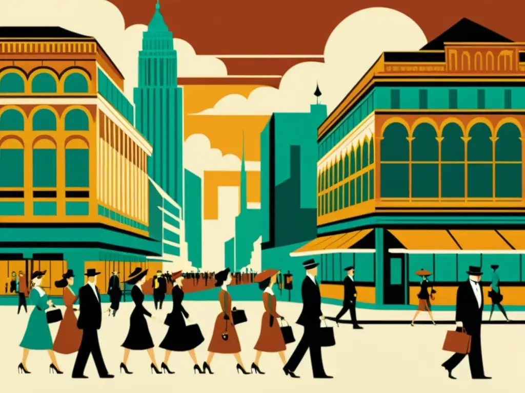 Elegante escena de la ciudad modernista con ritmos y patrones del modernismo, evocando nostalgia y sofisticación