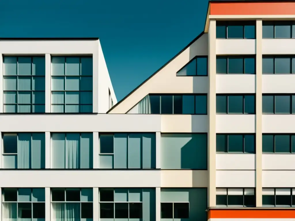 Una elegante fachada de edificio Bauhaus, con patrones geométricos y líneas limpias, capturando la esencia de los Patrones de la Bauhaus