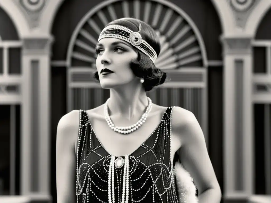 Una elegante flapper de los años 20 con un vestido de flecos, perlas y diadema de plumas, encarna la evolución histórica de los patrones moda festiva