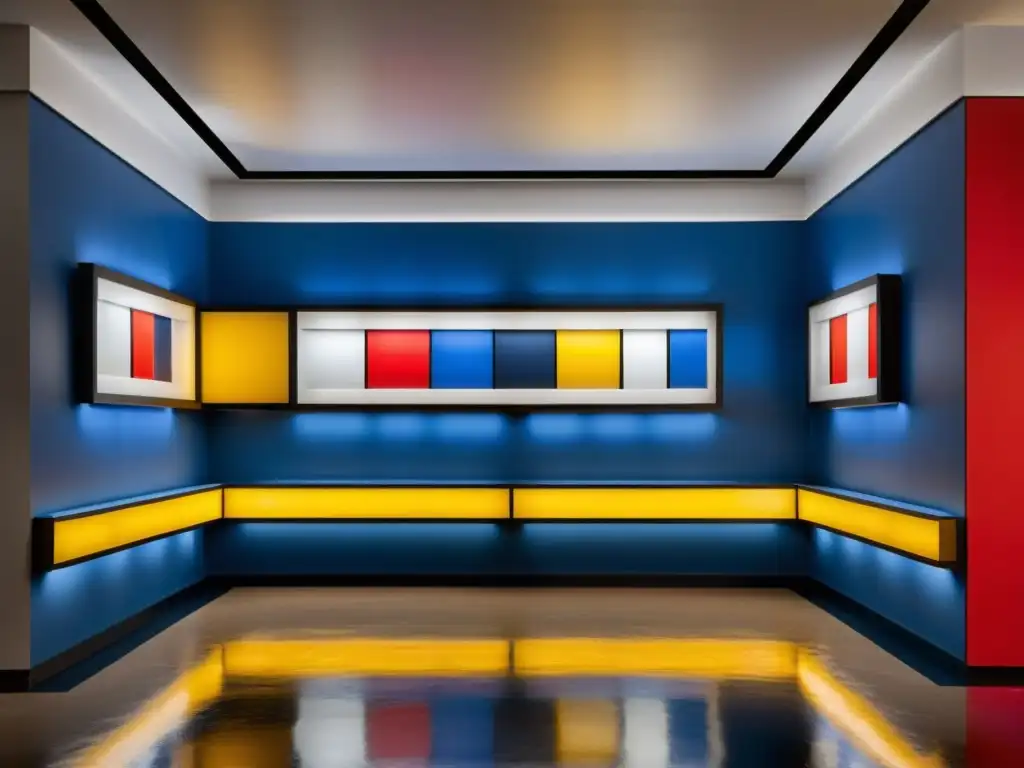 Una elegante galería vintage con la colección de Patrones geométricos de Mondrian adornando las paredes, iluminada por cálidos focos