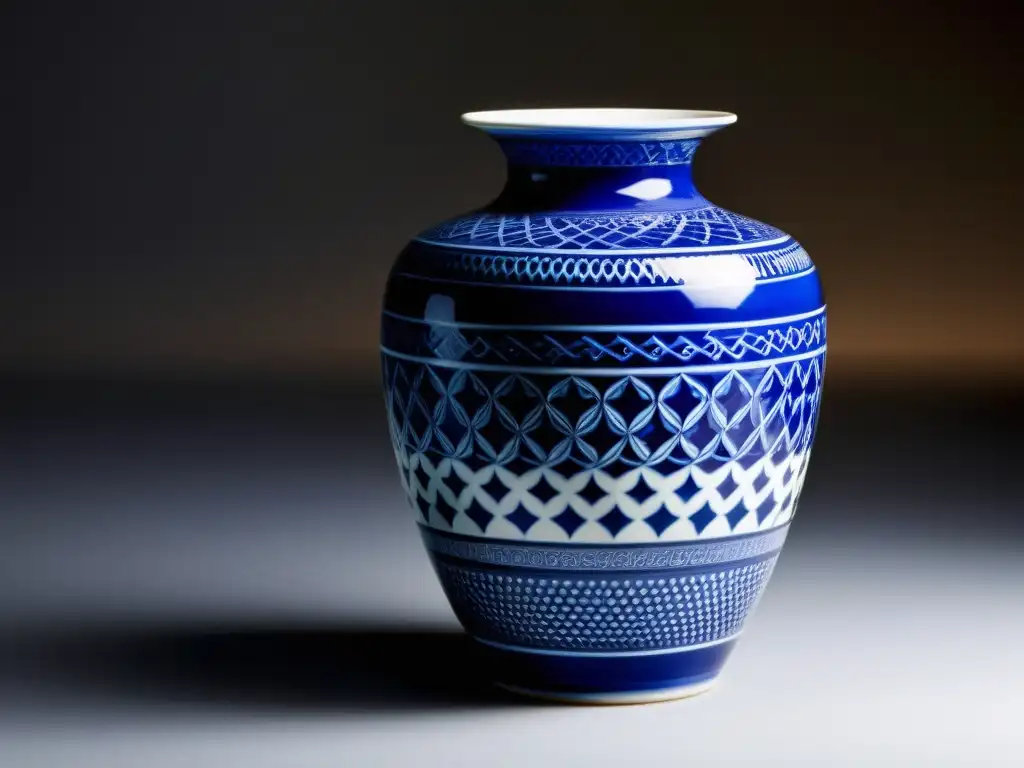 Un elegante jarrón de porcelana asiática azul cobalto, con intrincados diseños florales y geométricos en esmalte