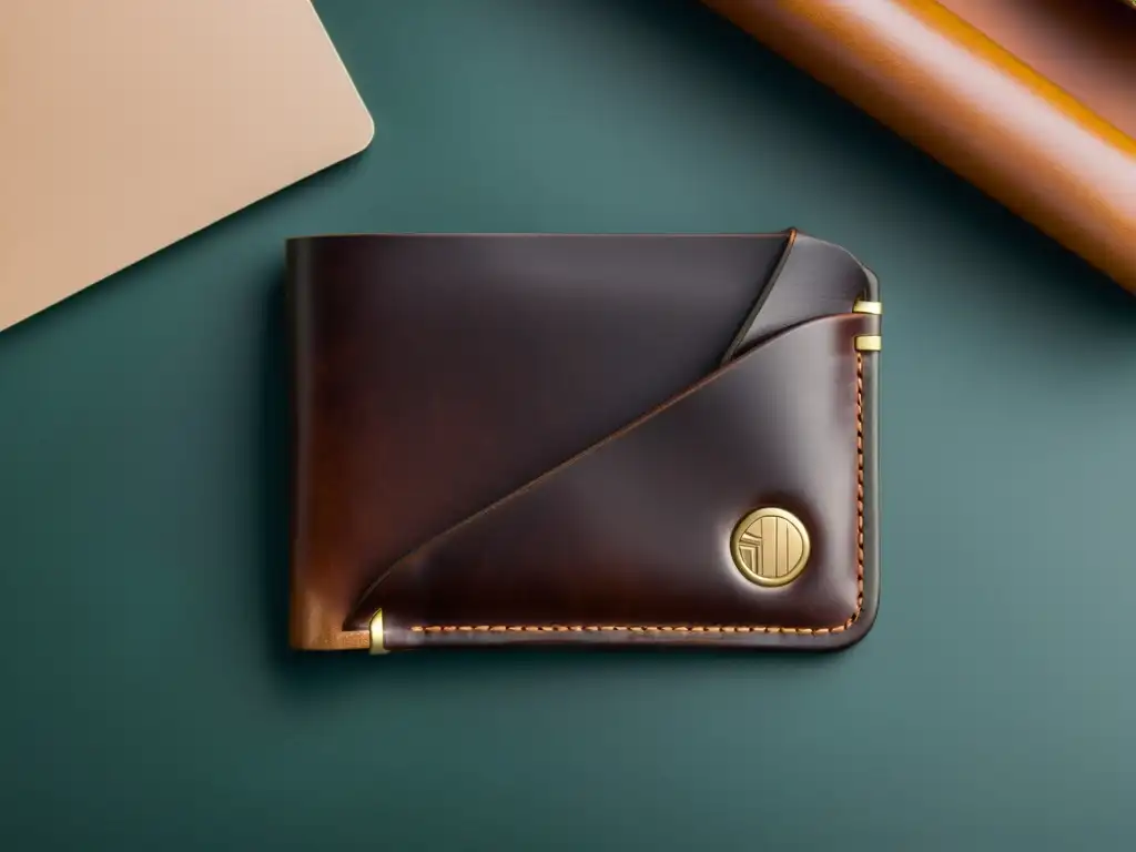 Un elegante monedero de cuero oscuro de diseño minimalista con patrones de diseño minimalistas en productos premium