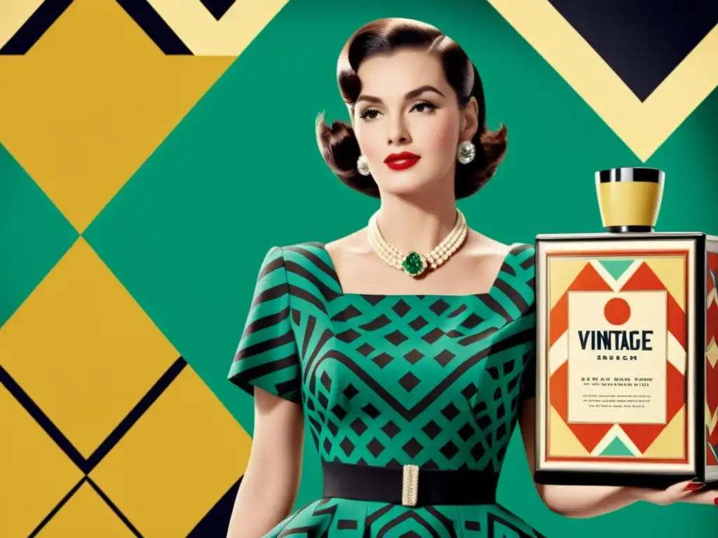 Una elegante mujer de los años 50 sostiene un producto en un anuncio vintage