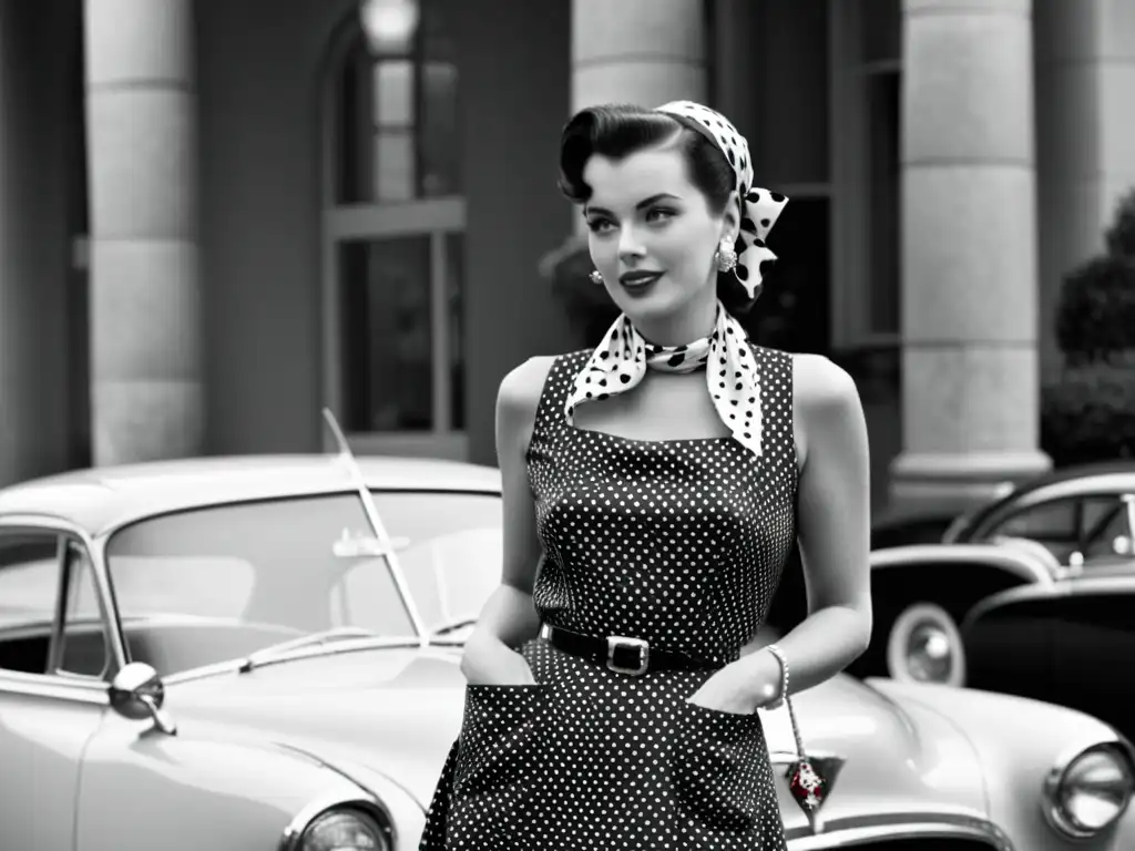 Una elegante mujer de los años 50 con vestido de lunares posa frente a un coche clásico, en una imagen que evoca la historia de los patrones de puntos