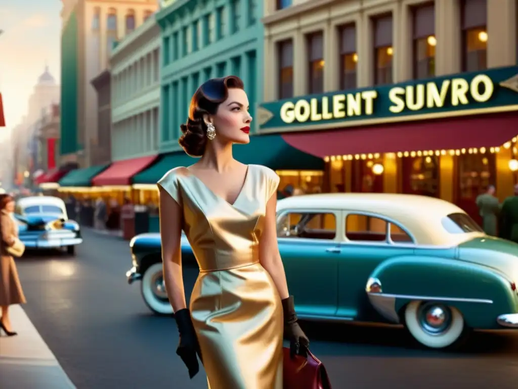 Una elegante mujer en un anuncio vintage exhibe un producto clásico en una ciudad retro iluminada, evocando patrones artísticos en publicidad display