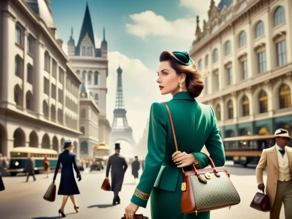 Elegante mujer con bolso arquitectónico en bulliciosa ciudad Una elegante mujer lleva un bolso único inspirado en patrones arquitectónicos, destacándose en una bulliciosa ciudad llena de estilo y elegancia