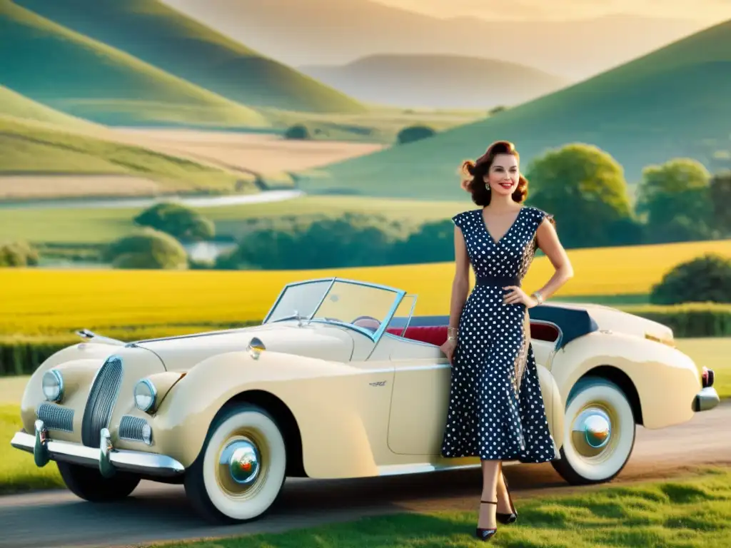 Una elegante mujer en un vestido de lunares junto a un coche clásico en el campo